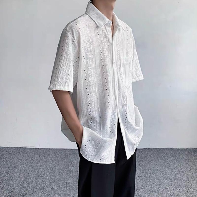 現貨 細節實拍 白色 鏤空雕花紋襯衫 短袖襯衫 花襯衫 海島 男 ST015_1-細節圖3