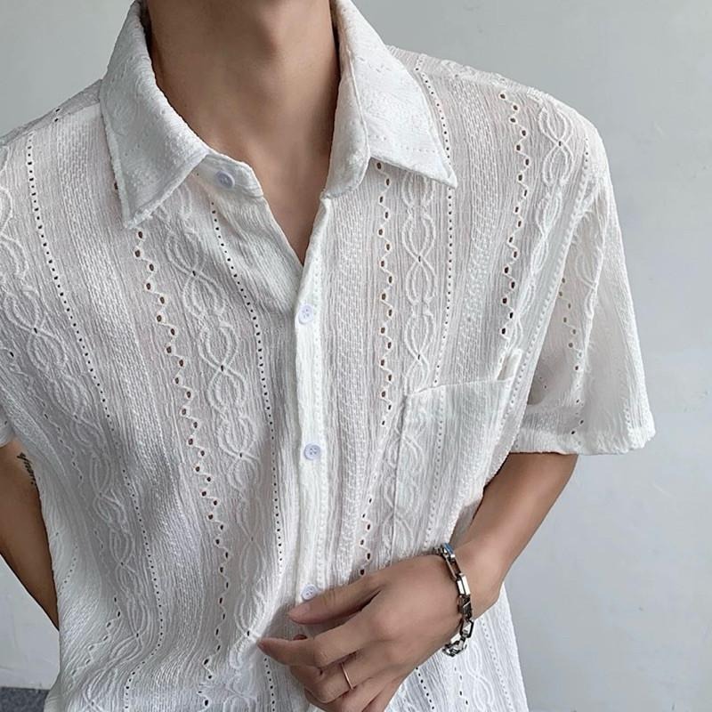 現貨 細節實拍 白色 鏤空雕花紋襯衫 短袖襯衫 花襯衫 海島 男 ST015_1-細節圖4