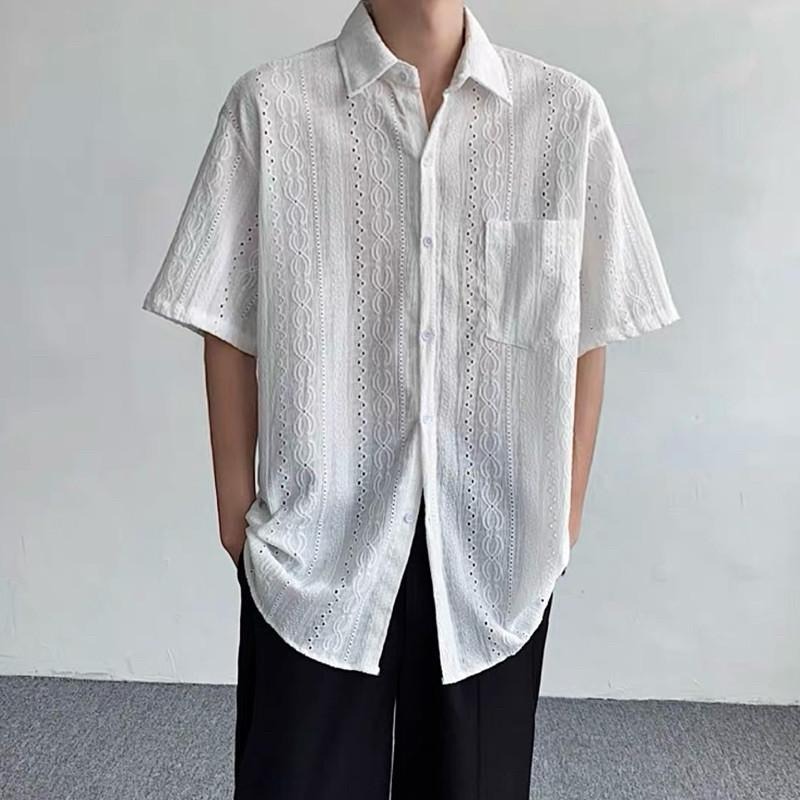 現貨 細節實拍 白色 鏤空雕花紋襯衫 短袖襯衫 花襯衫 海島 男 ST015_1-細節圖5