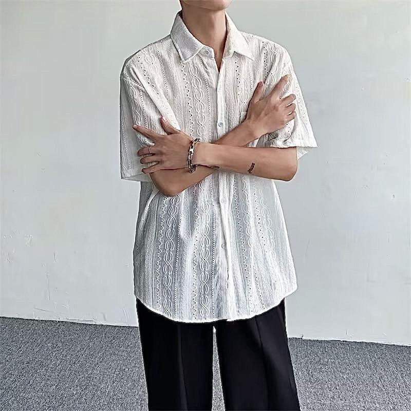 現貨 細節實拍 白色 鏤空雕花紋襯衫 短袖襯衫 花襯衫 海島 男 ST015_1-細節圖6