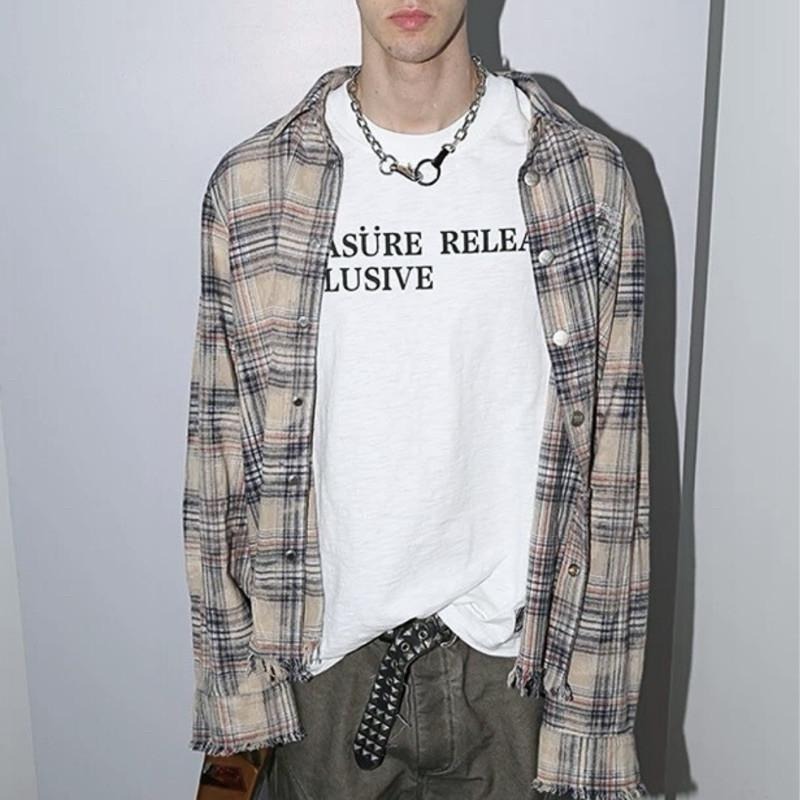 現貨 實拍 美式破壞 鬚邊 格紋襯衫 毛邊 男 長袖 格子衫 ST030-細節圖2