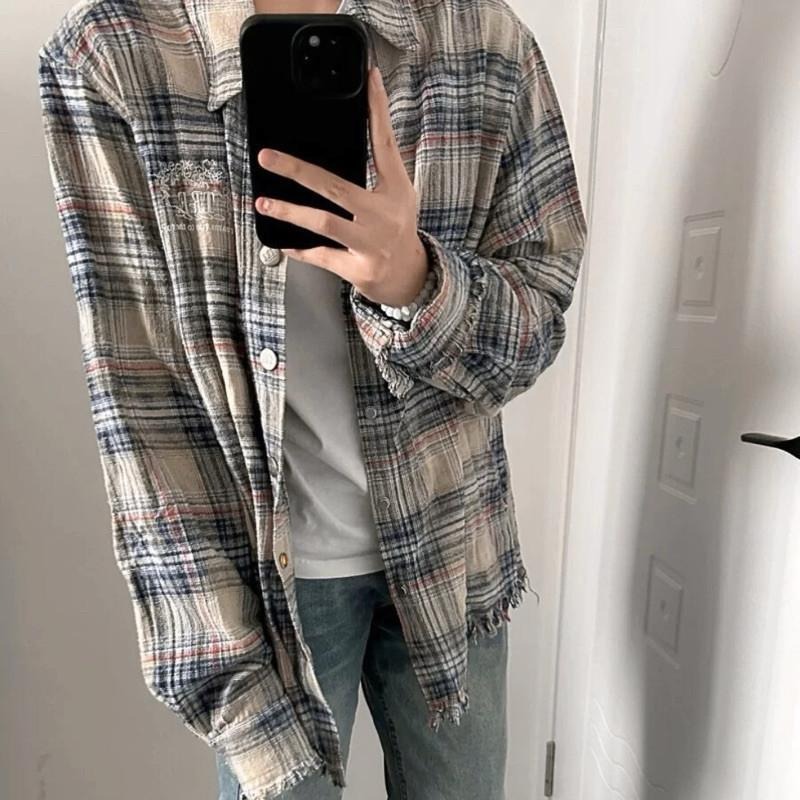 現貨 實拍 美式破壞 鬚邊 格紋襯衫 毛邊 男 長袖 格子衫 ST030-細節圖4