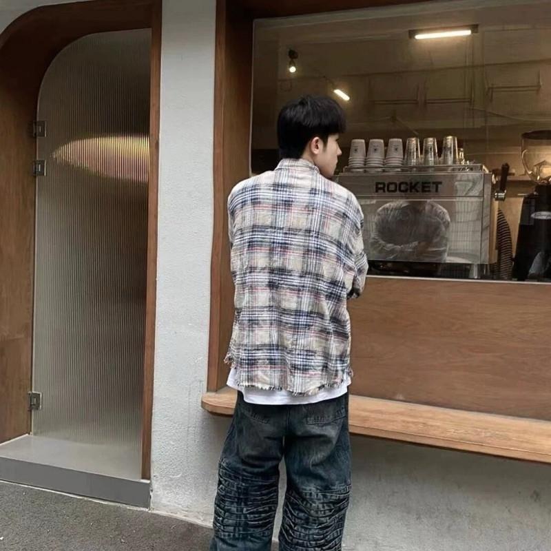 現貨 實拍 美式破壞 鬚邊 格紋襯衫 毛邊 男 長袖 格子衫 ST030-細節圖5