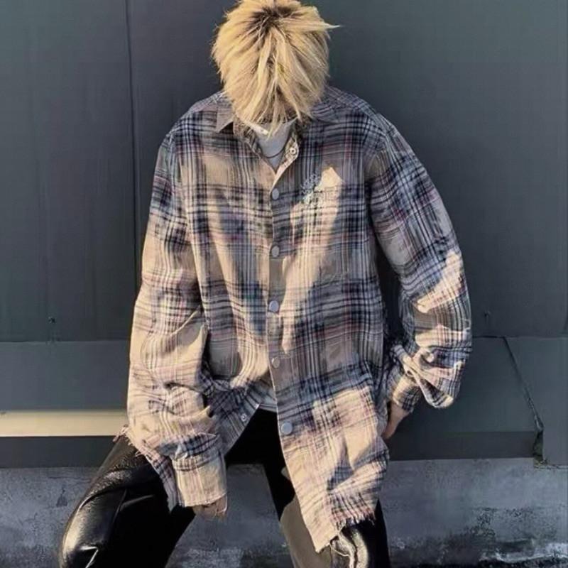 現貨 實拍 美式破壞 鬚邊 格紋襯衫 毛邊 男 長袖 格子衫 ST030-細節圖6