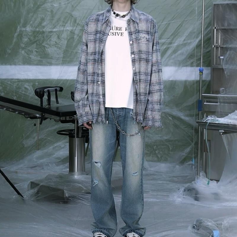 現貨 實拍 美式破壞 鬚邊 格紋襯衫 毛邊 男 長袖 格子衫 ST030-細節圖7