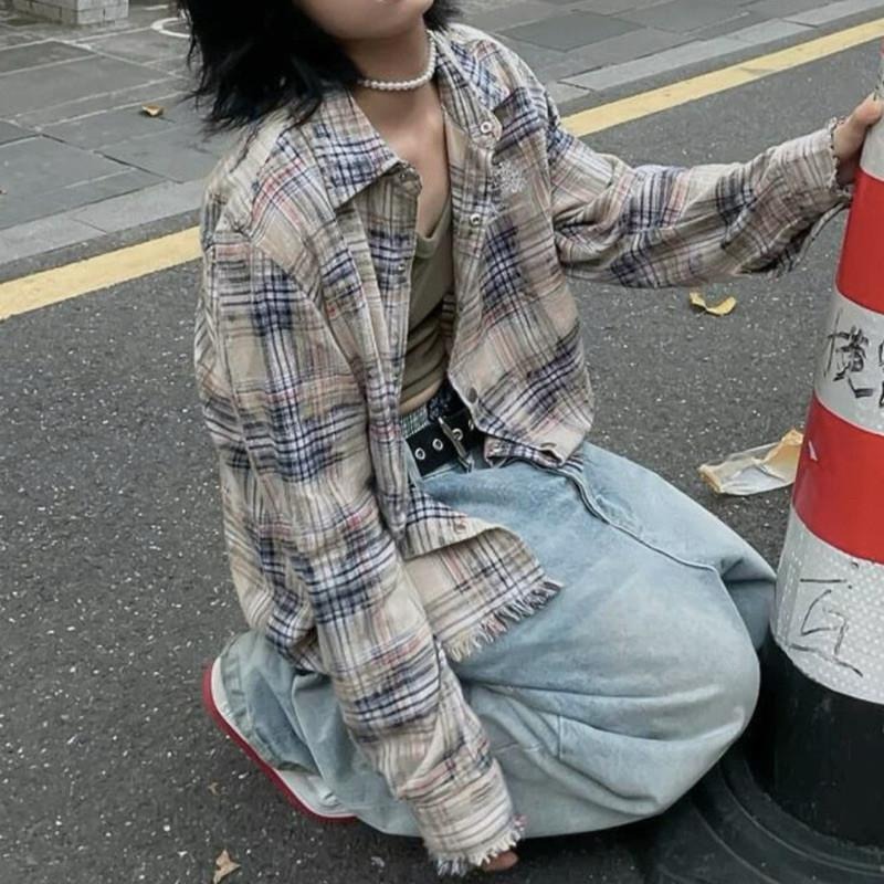 現貨 實拍 美式破壞 鬚邊 格紋襯衫 毛邊 男 長袖 格子衫 ST030-細節圖8