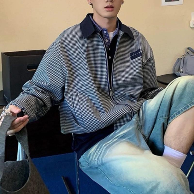 現貨 細節實拍 巴恩風 翻領 格子 夾克 外套 撞色 格紋 男 SJ013-細節圖3