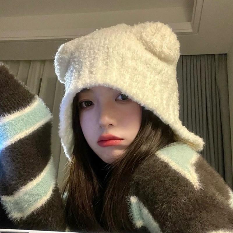 現貨 2色 護耳帽 針織 護耳帽 毛帽 秋冬 保暖 男 女 小熊 韓系慵懶熊熊帽-細節圖2