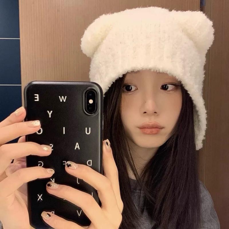 現貨 2色 護耳帽 針織 護耳帽 毛帽 秋冬 保暖 男 女 小熊 韓系慵懶熊熊帽-細節圖7