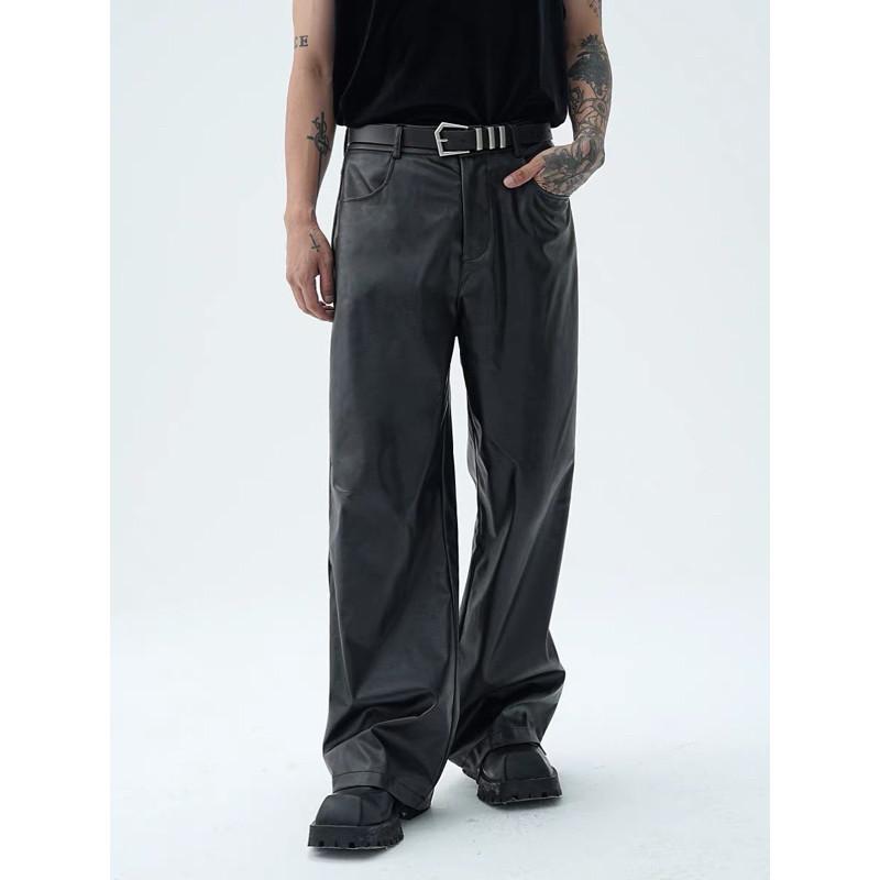 現貨 2色 垂墜皮革寬褲 皮褲 長褲 素面 寬鬆 直筒 男生-細節圖3