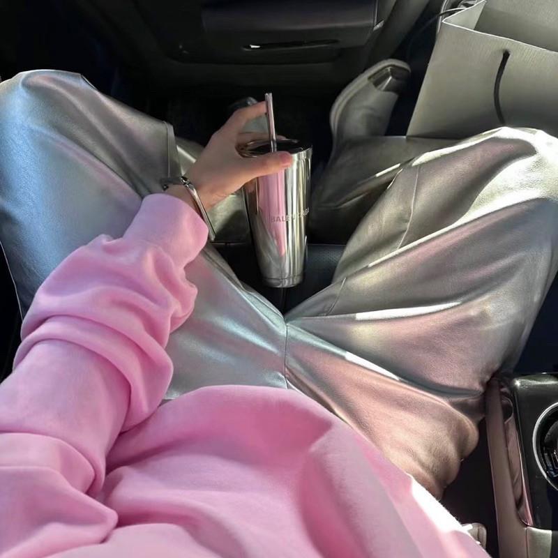 現貨 2色 垂墜皮革寬褲 皮褲 長褲 素面 寬鬆 直筒 男生-細節圖4