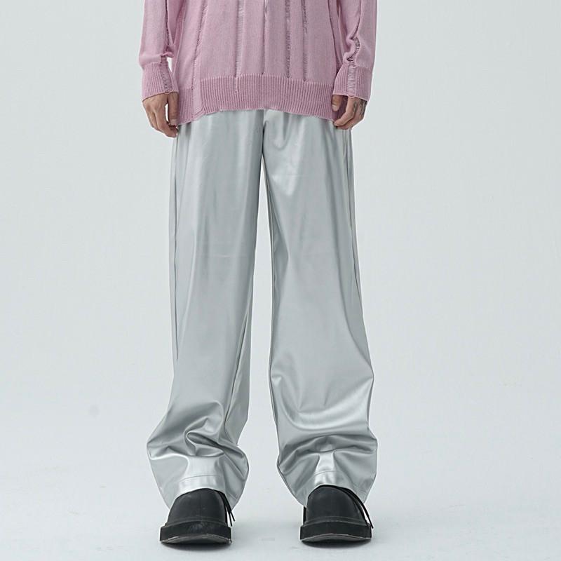 現貨 2色 垂墜皮革寬褲 皮褲 長褲 素面 寬鬆 直筒 男生-細節圖5