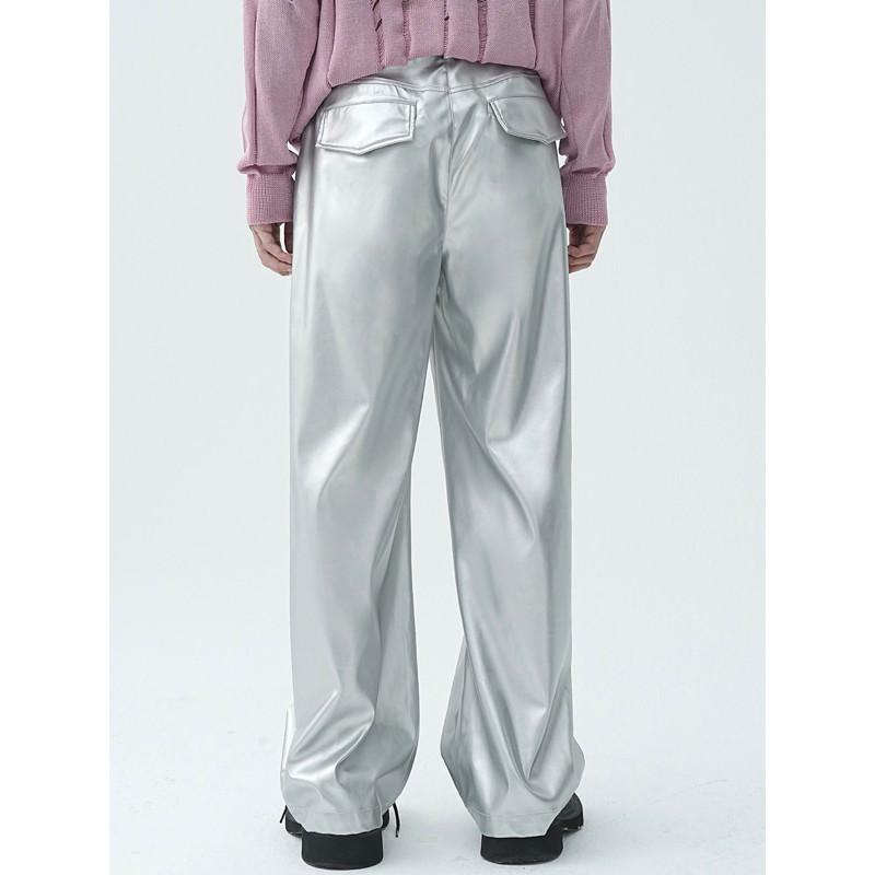 現貨 2色 垂墜皮革寬褲 皮褲 長褲 素面 寬鬆 直筒 男生-細節圖7