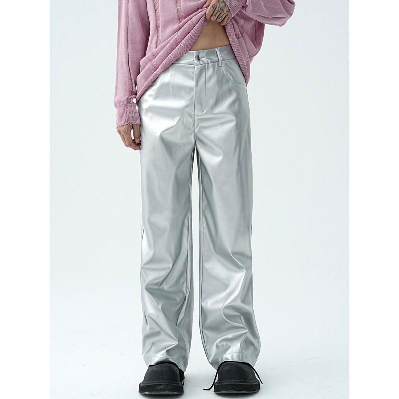 現貨 2色 垂墜皮革寬褲 皮褲 長褲 素面 寬鬆 直筒 男生-細節圖8