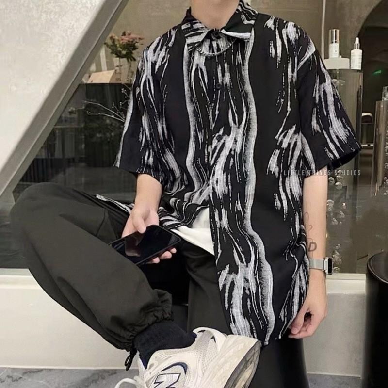 現貨 流線波紋襯衫 短袖 暈染 男 個性 黑色 襯衫  ST021-細節圖2