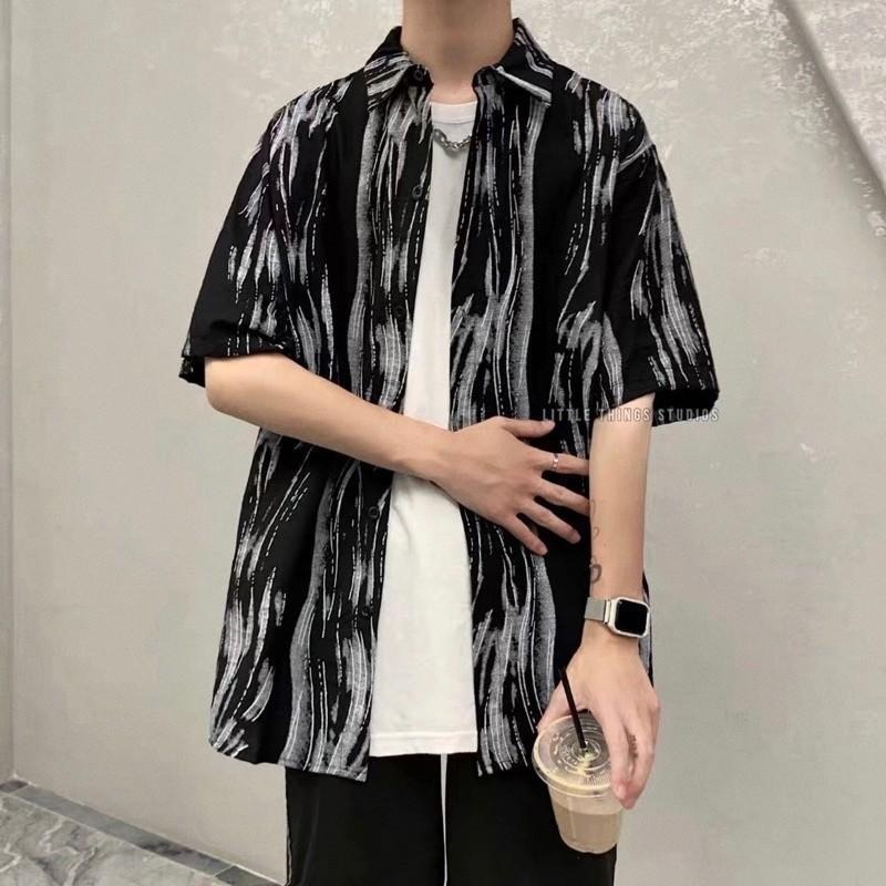 現貨 流線波紋襯衫 短袖 暈染 男 個性 黑色 襯衫  ST021-細節圖3
