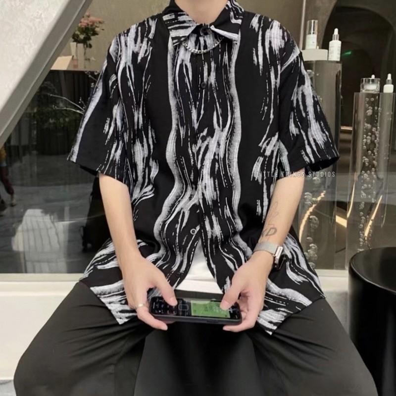 現貨 流線波紋襯衫 短袖 暈染 男 個性 黑色 襯衫  ST021-細節圖4