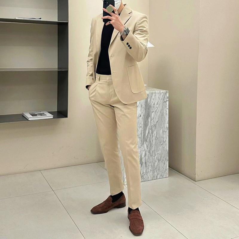 現貨 實拍 韓國製  完美身形 西裝 男生西裝 外套 卡其 長褲 剪裁 微腰身 正式 套裝-細節圖2
