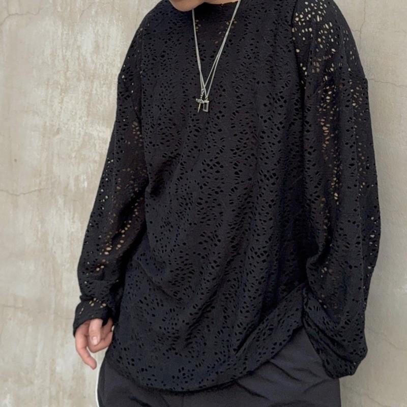現貨 實拍 2色 視覺堆疊 鏤空 洞洞 上衣 長袖 黑TEE-細節圖2