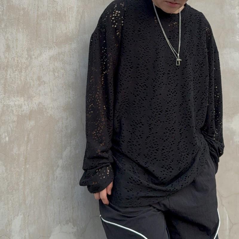 現貨 實拍 2色 視覺堆疊 鏤空 洞洞 上衣 長袖 黑TEE-細節圖5