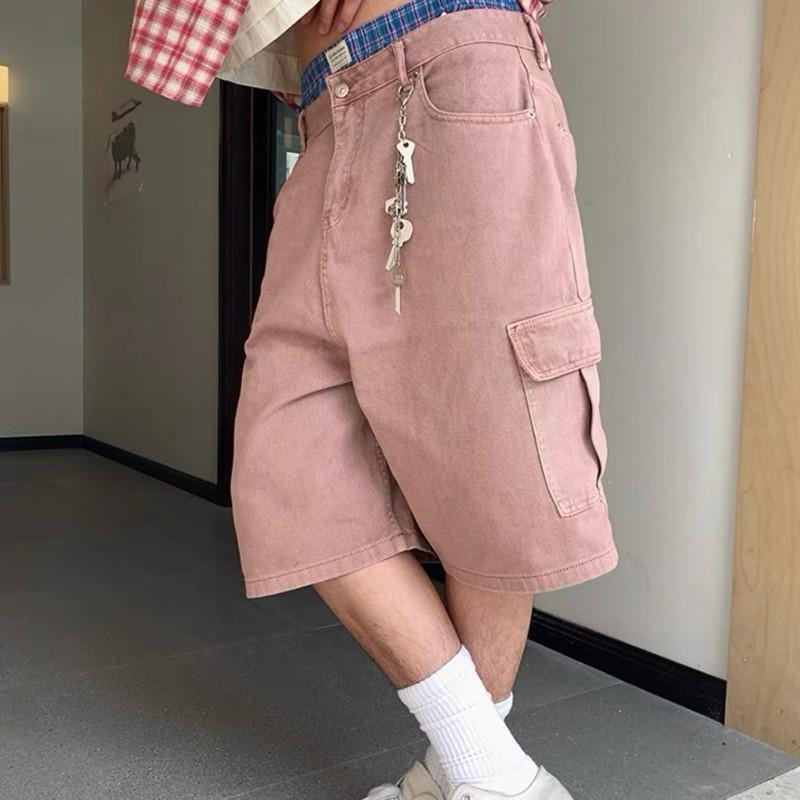 現貨 2色 美式五分褲 水洗灰 煙燻粉 韓系 五分短褲 七分褲 過膝褲-細節圖2