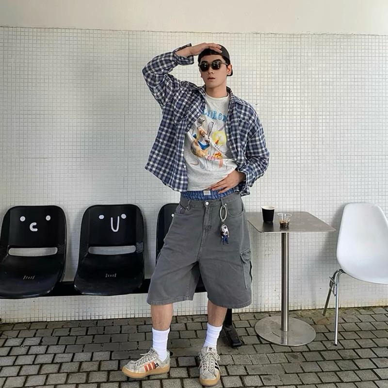 現貨 2色 美式五分褲 水洗灰 煙燻粉 韓系 五分短褲 七分褲 過膝褲-細節圖3