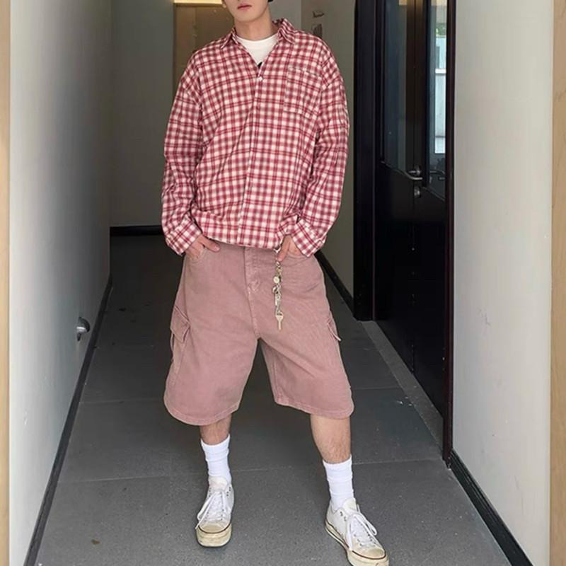 現貨 2色 美式五分褲 水洗灰 煙燻粉 韓系 五分短褲 七分褲 過膝褲-細節圖4