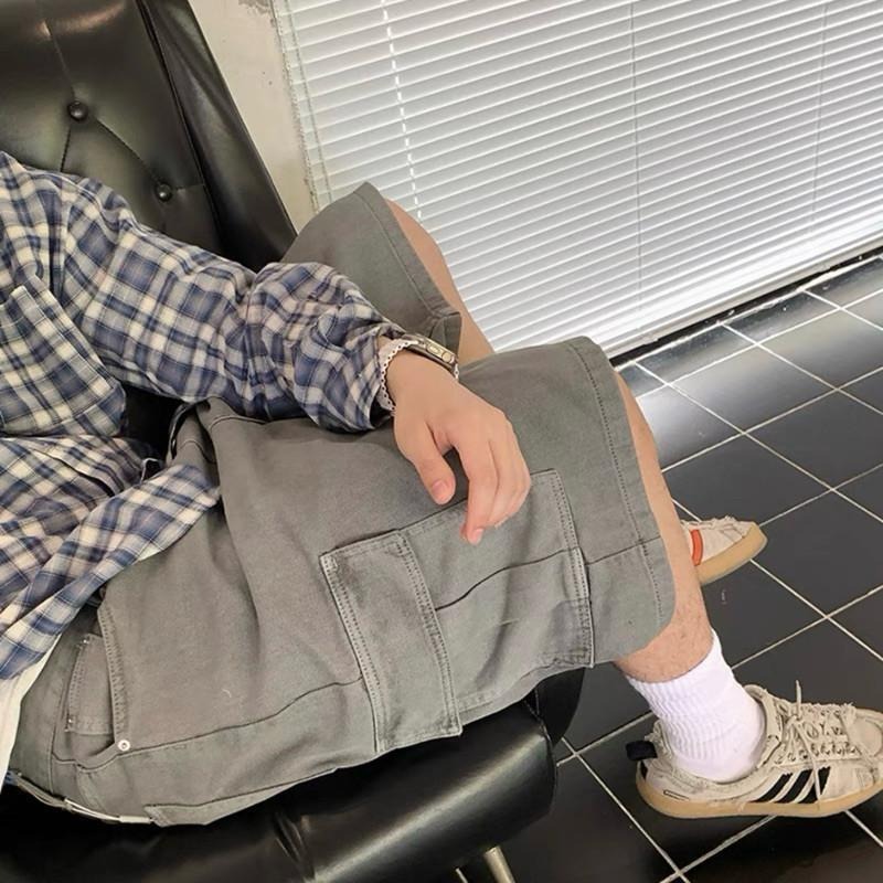 現貨 2色 美式五分褲 水洗灰 煙燻粉 韓系 五分短褲 七分褲 過膝褲-細節圖6