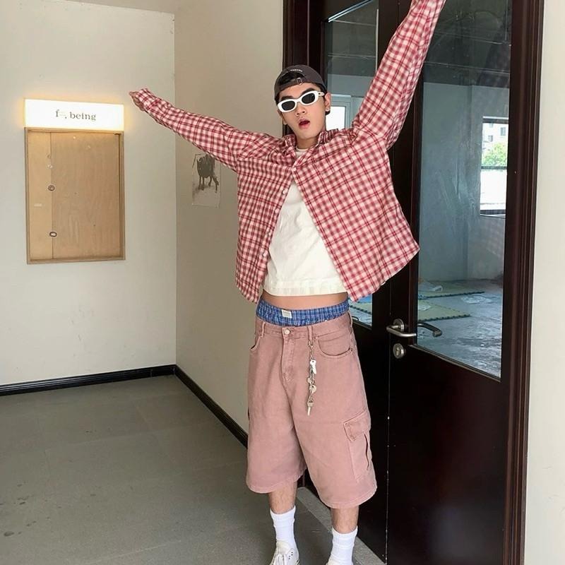 現貨 2色 美式五分褲 水洗灰 煙燻粉 韓系 五分短褲 七分褲 過膝褲-細節圖8