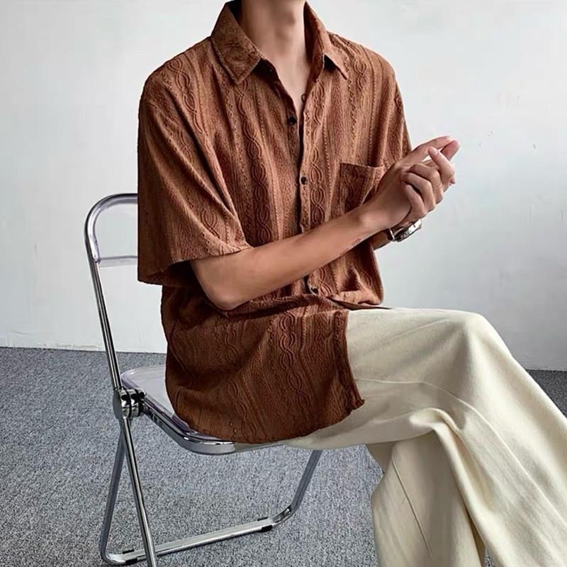 現貨 細節實拍 淺咖 鏤空雕花紋襯衫 男生 海島 花襯衫 上衣 ST015_2-細節圖2