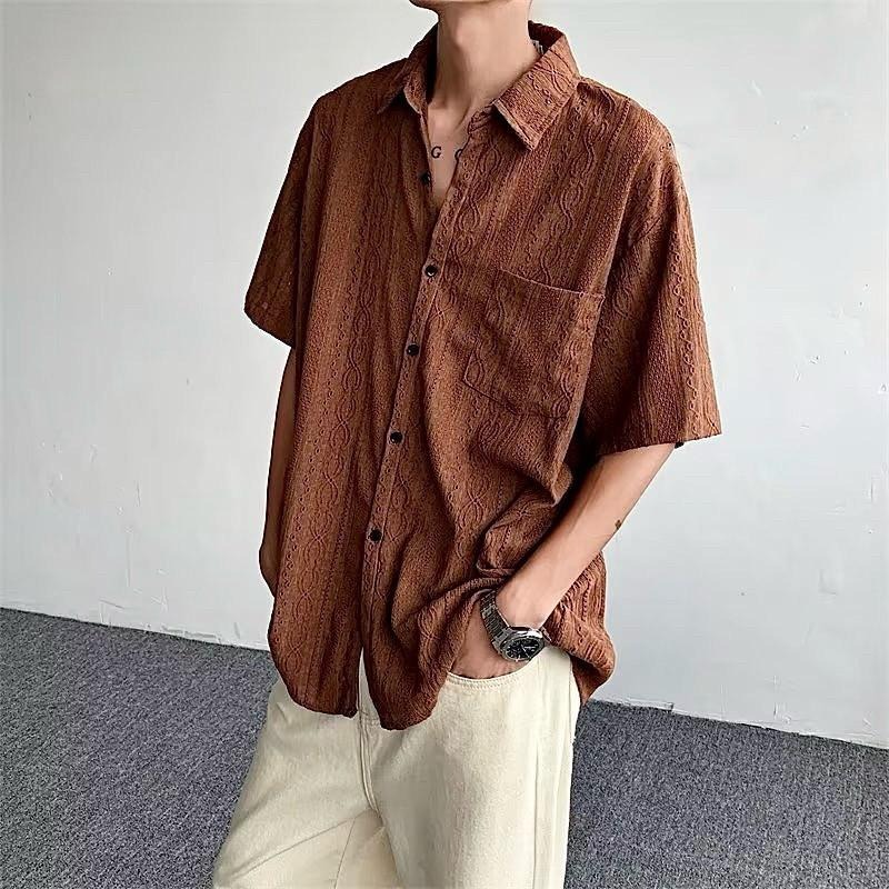 現貨 細節實拍 淺咖 鏤空雕花紋襯衫 男生 海島 花襯衫 上衣 ST015_2-細節圖3