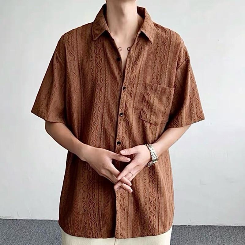 現貨 細節實拍 淺咖 鏤空雕花紋襯衫 男生 海島 花襯衫 上衣 ST015_2-細節圖5