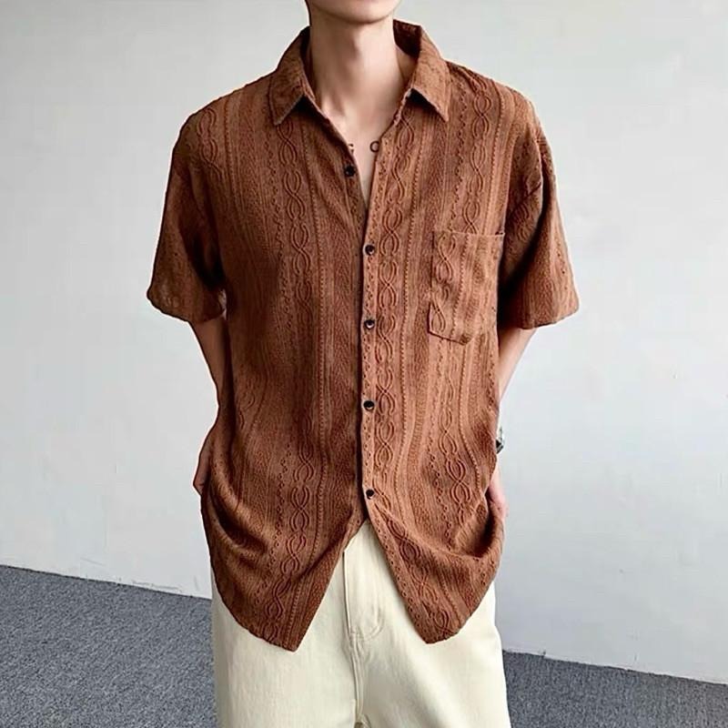 現貨 細節實拍 淺咖 鏤空雕花紋襯衫 男生 海島 花襯衫 上衣 ST015_2-細節圖6