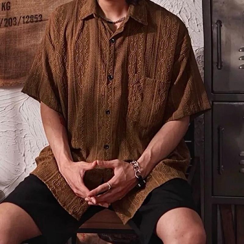 現貨 細節實拍 淺咖 鏤空雕花紋襯衫 男生 海島 花襯衫 上衣 ST015_2-細節圖7