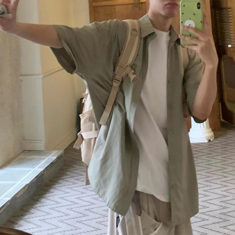 現貨 2色 挺料雙口袋 短版襯衫 短袖 上衣 男 挺版 質感 韓系-細節圖2