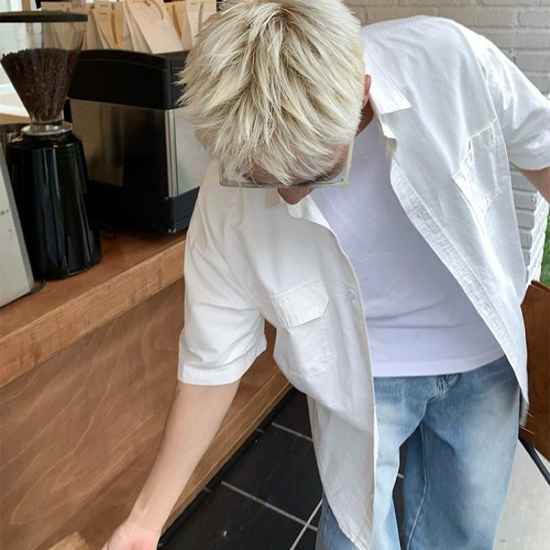 現貨 2色 挺料雙口袋 短版襯衫 短袖 上衣 男 挺版 質感 韓系-細節圖5