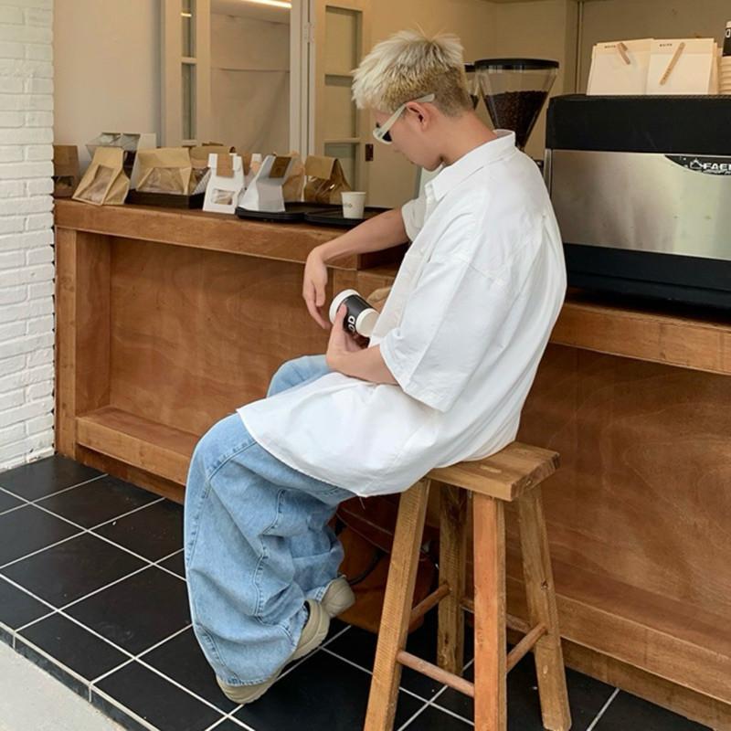 現貨 2色 挺料雙口袋 短版襯衫 短袖 上衣 男 挺版 質感 韓系-細節圖8