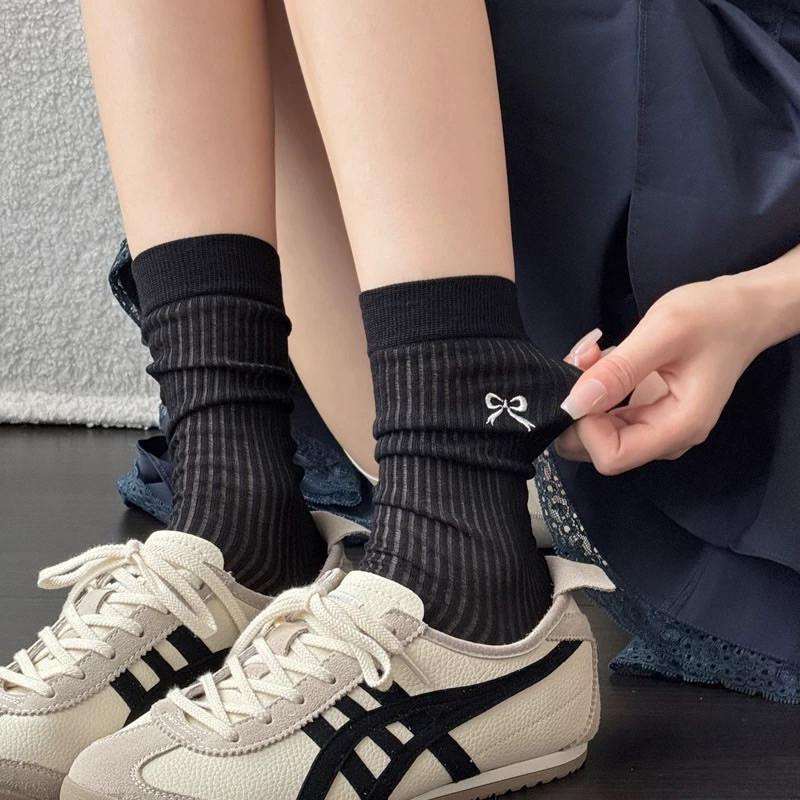 現貨 5色 簡約蝴蝶結 中筒襪 長襪 芭蕾舞襪 透氣 薄襪 黑白 韓系 蝴蝶結-細節圖5