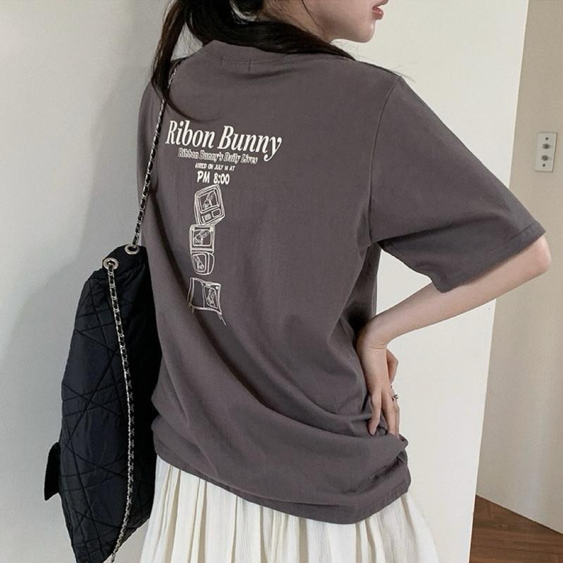現貨 實拍 韓國製 灰咖 Ribon Bunny 兔子哥 短tee 短袖 上衣 字母 情侶 ST023_1-細節圖5