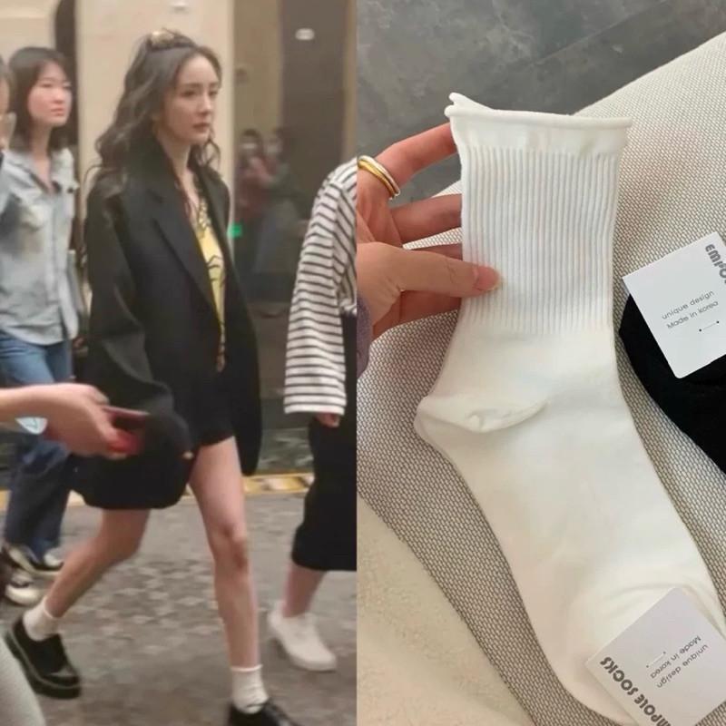 現貨 2色 小捲邊 素面 中筒襪 楊冪同款 短襪 細羅紋 素色 襪子 小腿襪-細節圖6