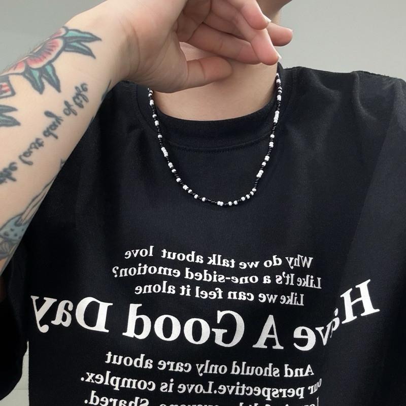 現貨實拍 韓國同款 自訂款 黑白串珠 項鍊 男 韓系 彈力繩 鎖骨鏈 SN130-細節圖2