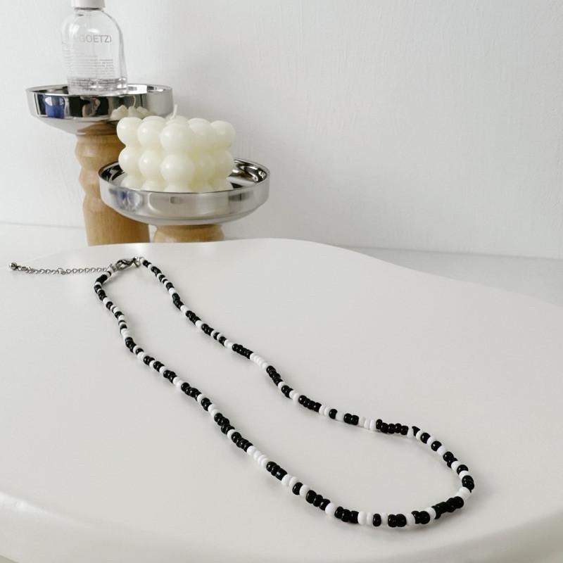 現貨實拍 韓國同款 自訂款 黑白串珠 項鍊 男 韓系 彈力繩 鎖骨鏈 SN130-細節圖3
