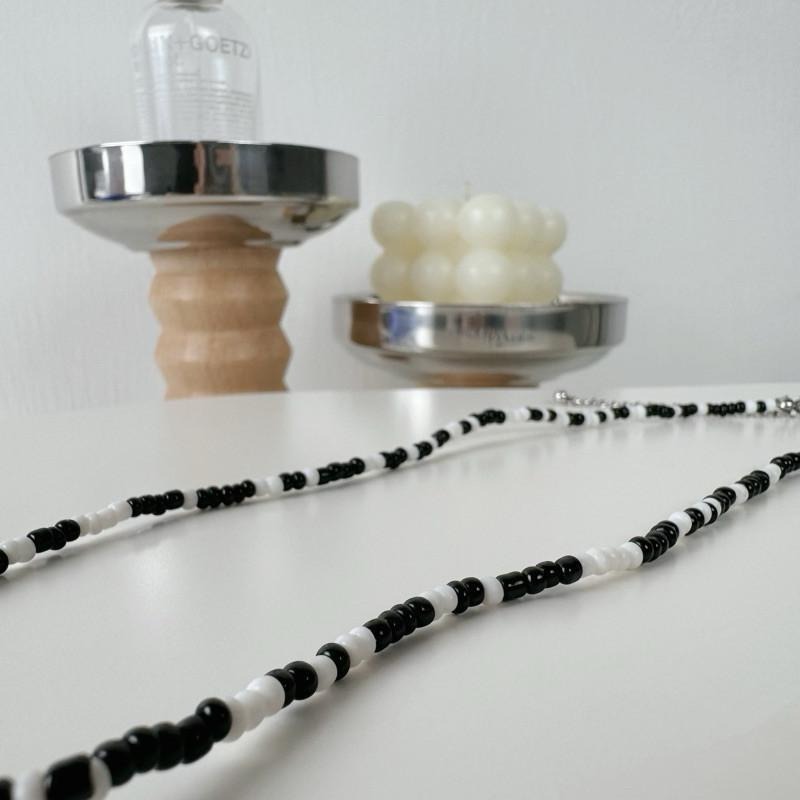 現貨實拍 韓國同款 自訂款 黑白串珠 項鍊 男 韓系 彈力繩 鎖骨鏈 SN130-細節圖4