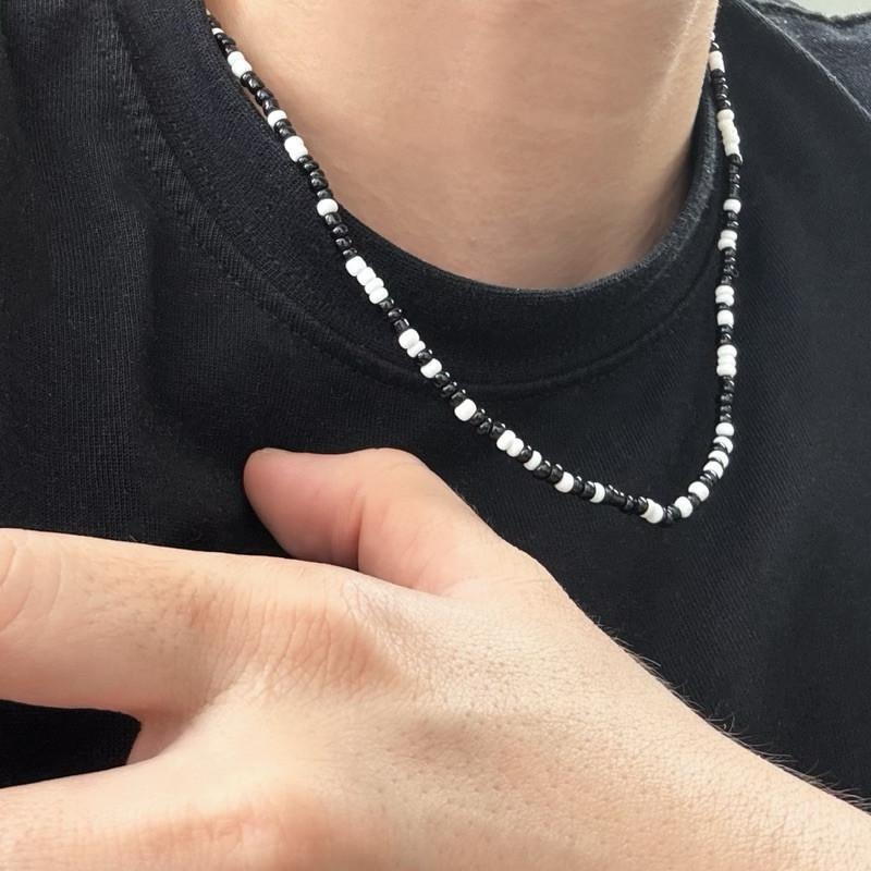 現貨實拍 韓國同款 自訂款 黑白串珠 項鍊 男 韓系 彈力繩 鎖骨鏈 SN130-細節圖8