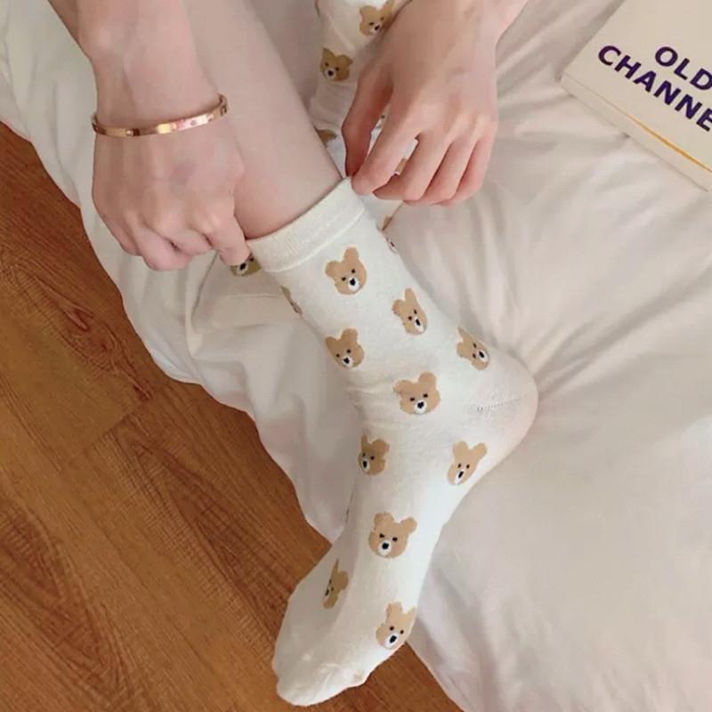 現貨 小熊短襪 滿版 熊熊 大頭熊 中筒襪 花色 女襪 可愛 絨毛小熊-細節圖3