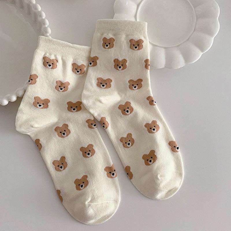 現貨 小熊短襪 滿版 熊熊 大頭熊 中筒襪 花色 女襪 可愛 絨毛小熊-細節圖4