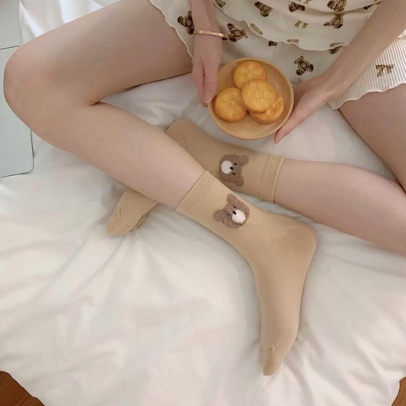 現貨 小熊短襪 滿版 熊熊 大頭熊 中筒襪 花色 女襪 可愛 絨毛小熊-細節圖6