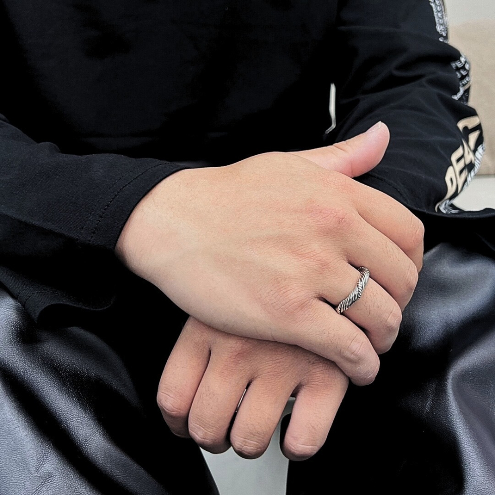 仿舊 戒指 男戒 開口戒 復古 現貨 實拍 牛角 麻花 純銀 仿舊 編織 戒圍可調 男 女 麻花戒指 泰國 SR073-細節圖2