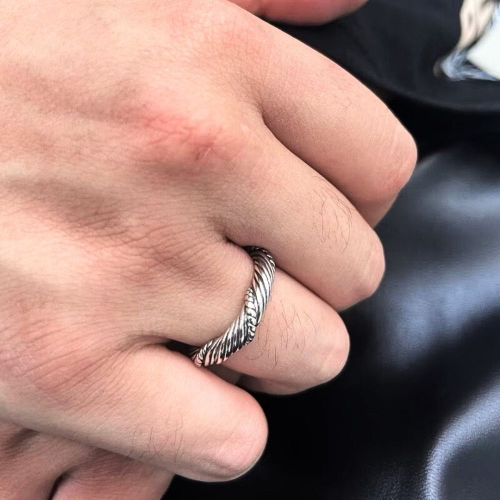 仿舊 戒指 男戒 開口戒 復古 現貨 實拍 牛角 麻花 純銀 仿舊 編織 戒圍可調 男 女 麻花戒指 泰國 SR073-細節圖3