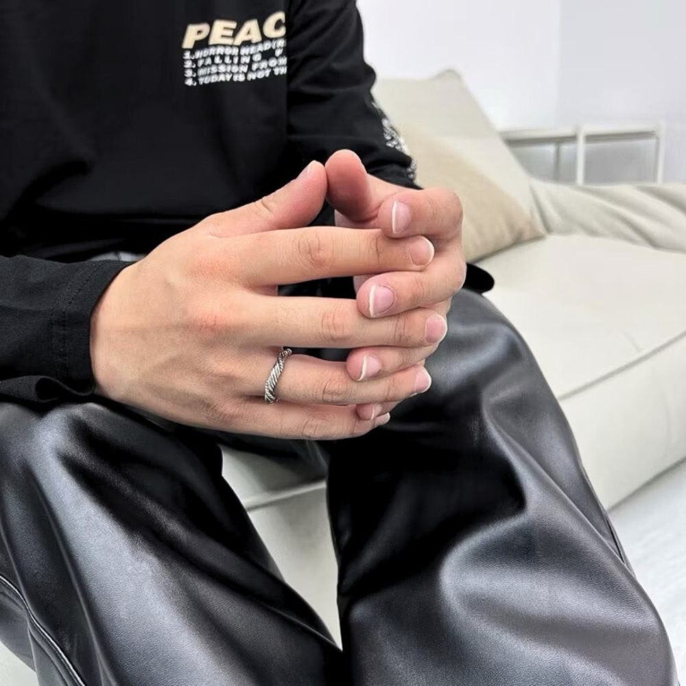 仿舊 戒指 男戒 開口戒 復古 現貨 實拍 牛角 麻花 純銀 仿舊 編織 戒圍可調 男 女 麻花戒指 泰國 SR073-細節圖8